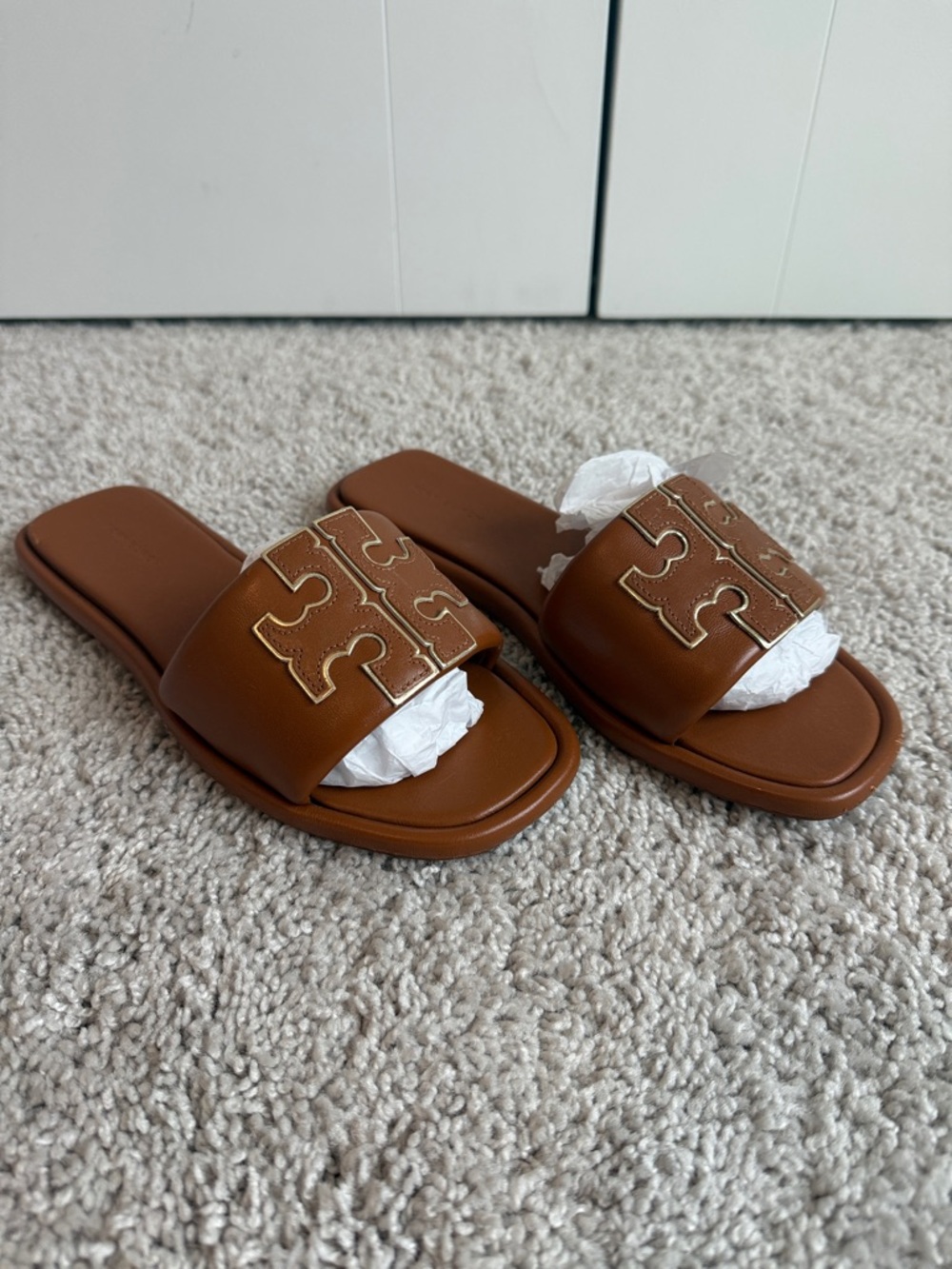 Tory Burch Cognac Leather Logo Slide Sandals
